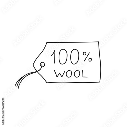 Label 100% Wool. Hand drawn tag for woolen products. Handwritten text in doodle frame. Badge. Outline vector illustration