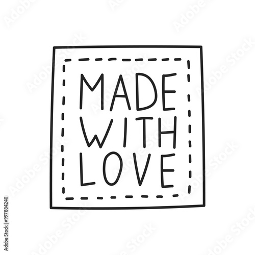 Made with Love hand drawn badge. Handwritten text in square frame with dotted line. Handmade handiwork handcraft product symbol. Label emblem tag. Outline vector illustration