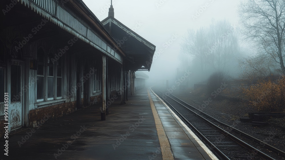 Eerie Fog Envelops Abandoned Train Station Platform Eerie Fog Envelops Abandoned Train Station Platform