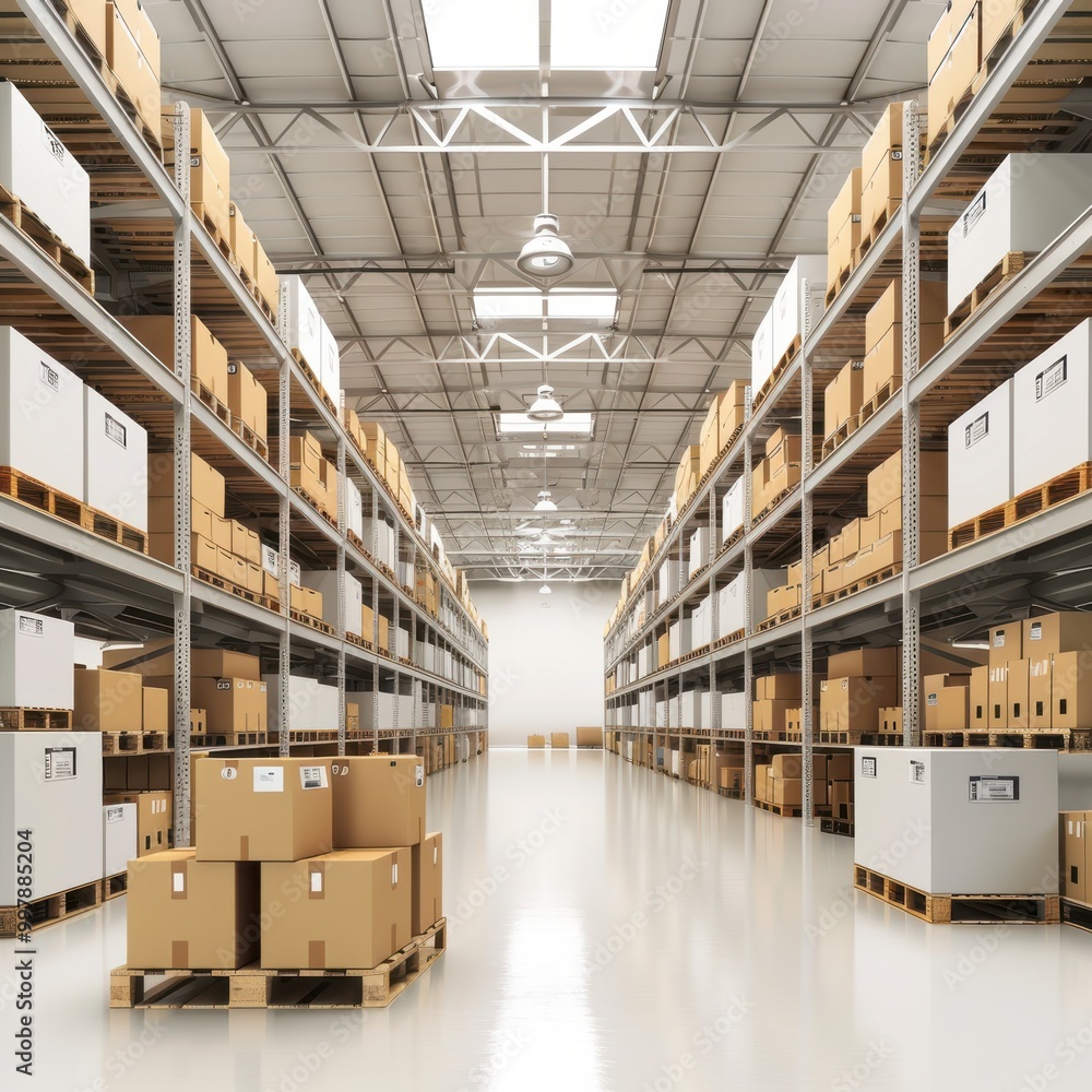 A large warehouse with many boxes stacked on pallets A large warehouse with many boxes stacked on pallets