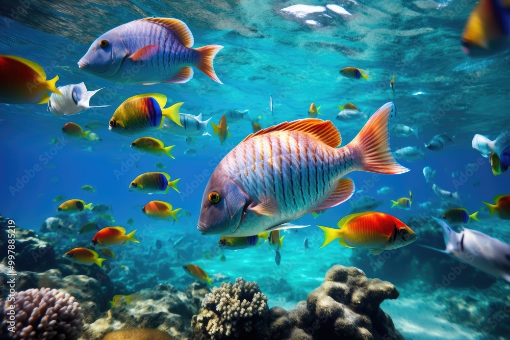 Fototapeta premium multi colored fish swimming in a vibrant coral reef