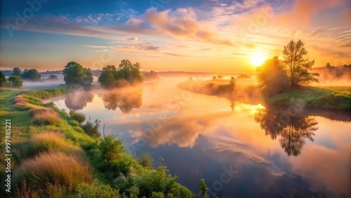 Eye Level panorama of a summer landscape with sunrise fog and river