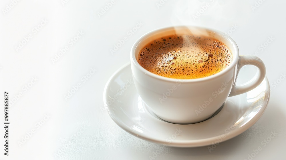 A white coffee cup with steam rising from it sits on a white plate A white coffee cup with steam rising from it sits on a white plate