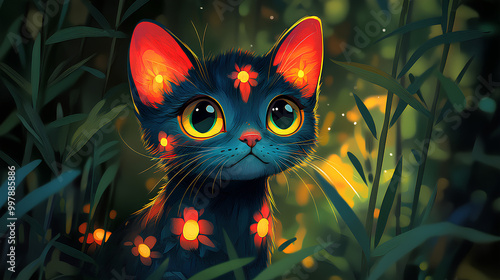 detailed illustration of a cute kitten in the forest