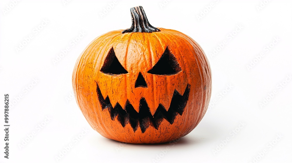 A spooky carved pumpkin sits alone against a white backdrop, ideal for Halloween-themed visuals and design. A spooky carved pumpkin sits alone against a white backdrop, ideal for Halloween-themed visuals and design.
