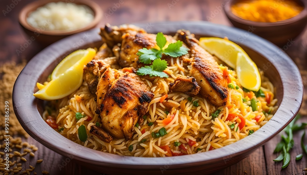 Authentic Chicken Biryani served in a bowl or plate over colourful or wooden background. It's a delicious recipe of Basmati rice mixed with spicy marinated chicken served with salad. Selective focus
Authentic Chicken Biryani served in a bowl or plate over colourful or wooden background. It's a delicious recipe of Basmati rice mixed with spicy marinated chicken served with salad. Selective focus