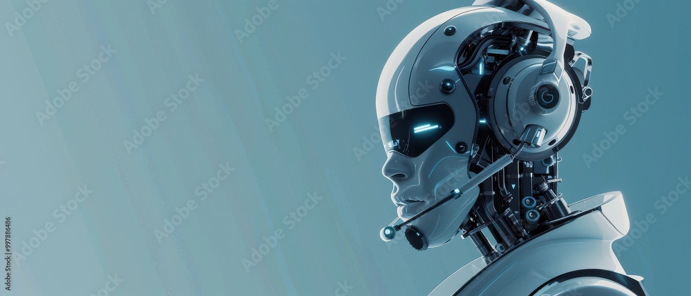 A robot with a headset on its head A robot with a headset on its head