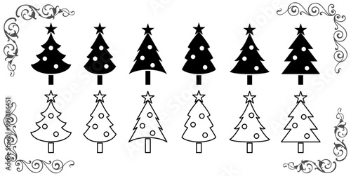 Christmas tree with ball bulb and star Norway spruce or Douglas fir, fir tree or Christmas fir vector pictogram sign icon symbol.