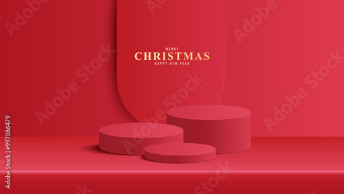 Podium Christmas. Podium for product display presentation with round circle shape. Podium platform to show product on red background. Merry Christmas background