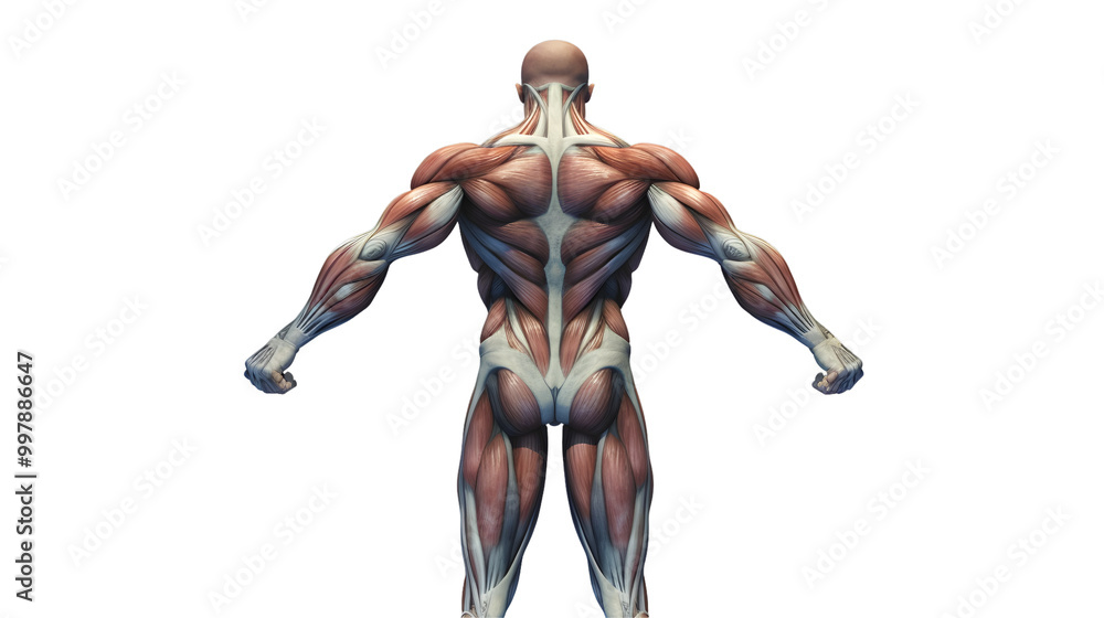 Detailed back view anatomical model of human muscles on transparent background Detailed back view anatomical model of human muscles on transparent background