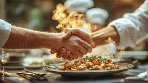 A double exposure graphic of a business handshake, overlaid with a chef plating a gourmet dish, steam rising from food in the background. Soft golden lighting, hd quality, rich contrasts,