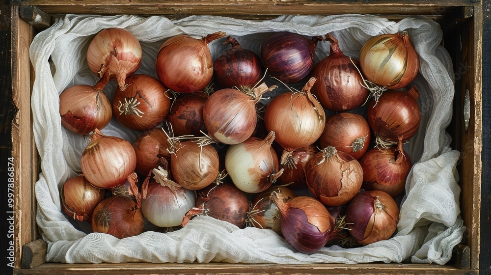 Obraz premium A crate full of onions is displayed on a table