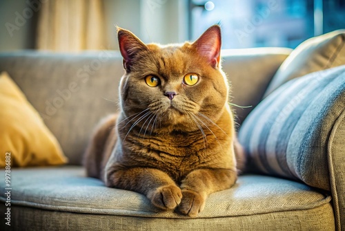 Adorable Brown British Shorthair Cat Relaxing on a Soft Sofa in a Cozy Home Environment