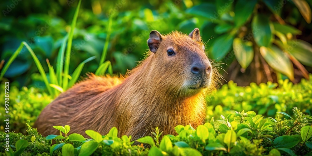 Adorable Capybara in a Playful Pose Surrounded by Nature and Vibrant Greenery on a Sunny Day Adorable Capybara in a Playful Pose Surrounded by Nature and Vibrant Greenery on a Sunny Day