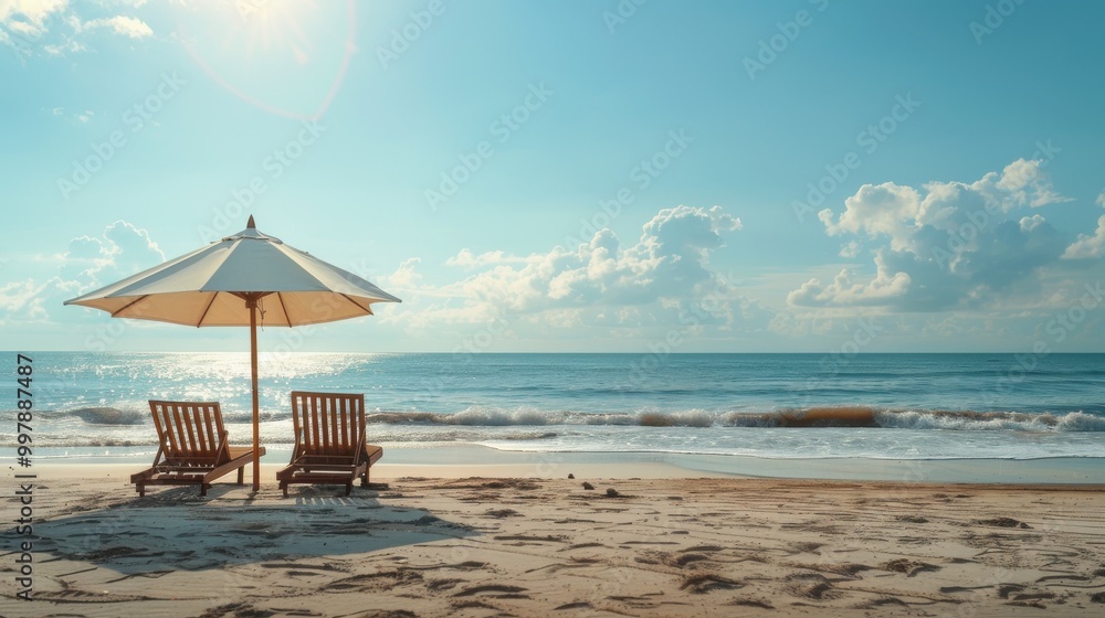 Obraz premium A beach scene with two beach chairs under a white umbrella