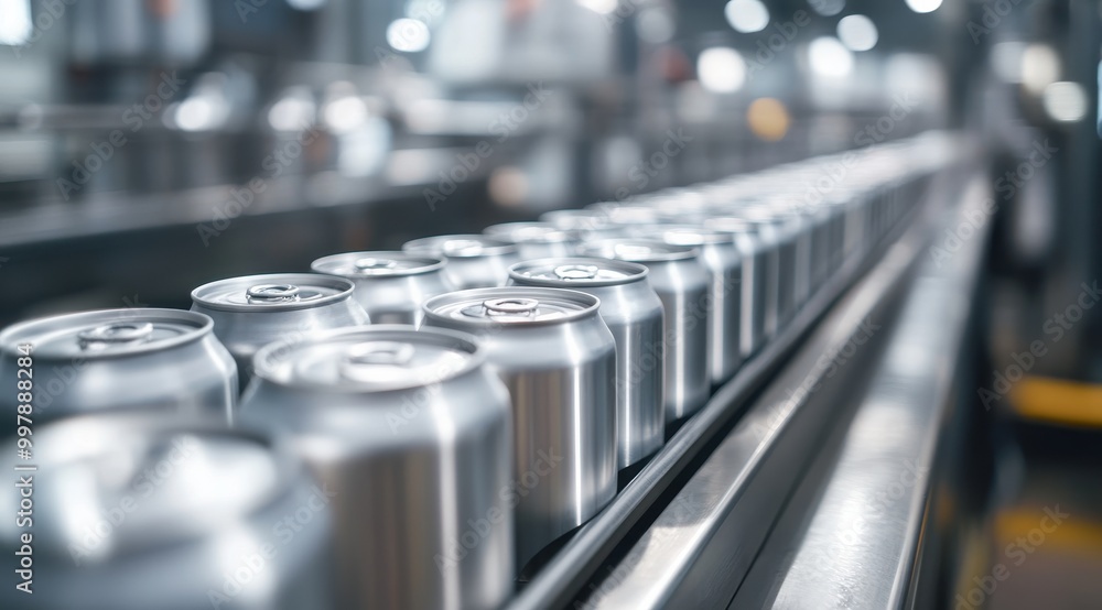 Cans of beer on the production line in a factory, close-up shot. The cans have a silver color and appear to be made from aluminum or other metal materials. Cans of beer on the production line in a factory, close-up shot. The cans have a silver color and appear to be made from aluminum or other metal materials.