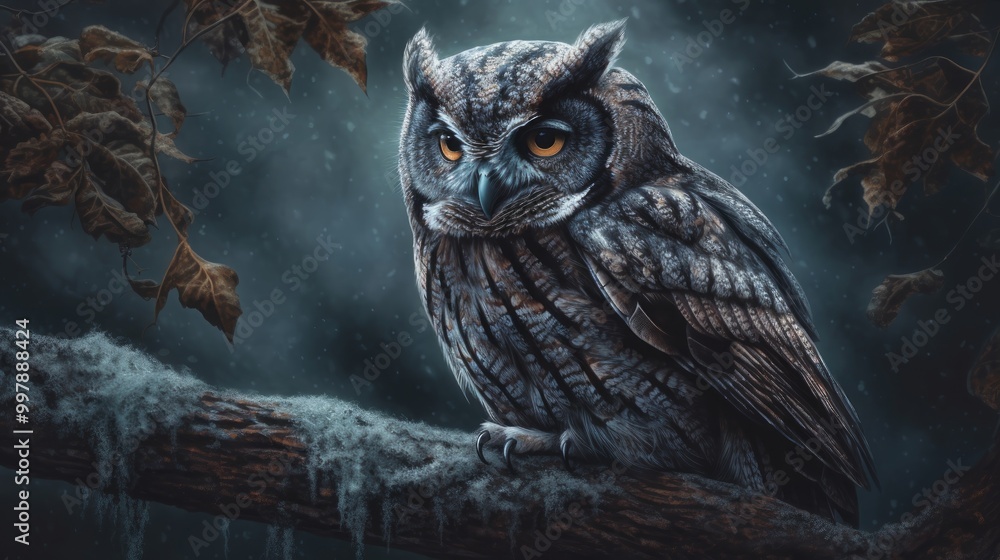 A majestic owl perched on a frosty branch in a dark forest. A majestic owl perched on a frosty branch in a dark forest.