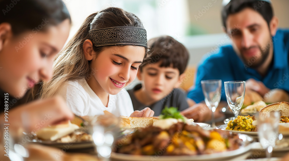 Jewish family gathered around the festive table to celebrate Jewish family gathered around the festive table to celebrate