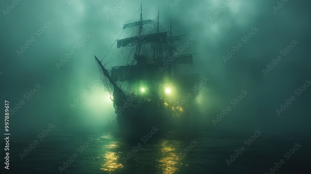 Fototapeta premium A ghostly ship emerges from fog, illuminated by eerie green lights.