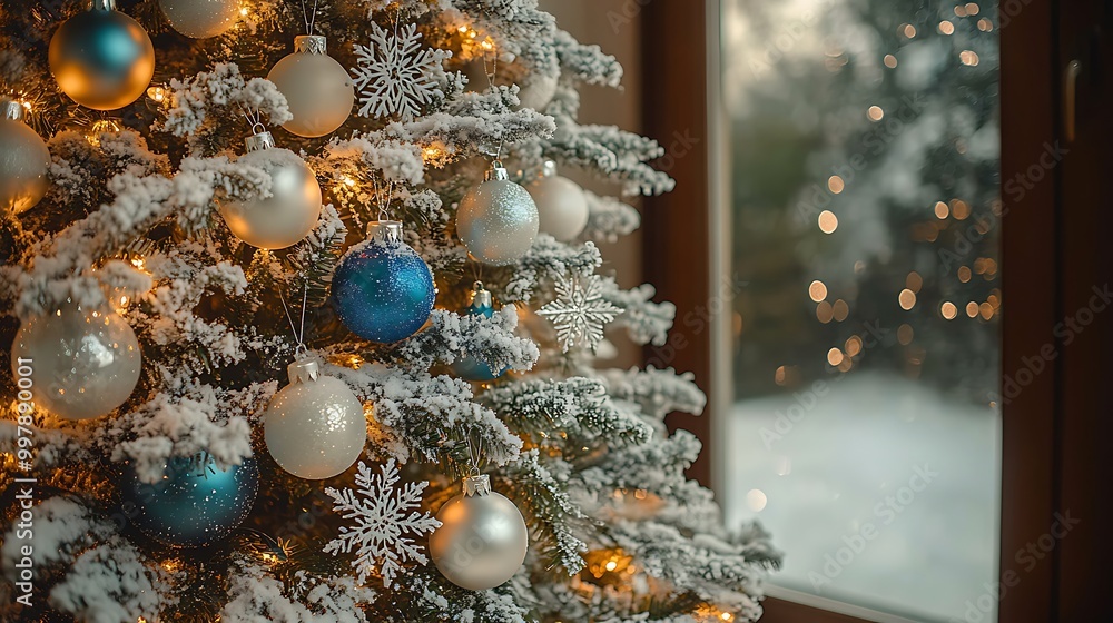 A Christmas tree adorned with shimmering white, silver, and blue ornaments, delicate snowflakes hanging from the branches, A Christmas tree adorned with shimmering white, silver, and blue ornaments, delicate snowflakes hanging from the branches,
