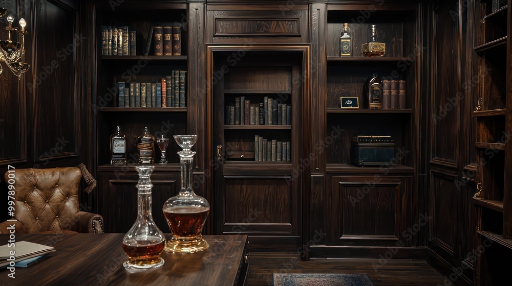 Home office with a 1920s speakeasy theme, featuring dark wood paneling, a hidden bookcase door, and vintage liquor decanters Mysterious and stylish Home office with a 1920s speakeasy theme, featuring dark wood paneling, a hidden bookcase door, and vintage liquor decanters Mysterious and stylish
