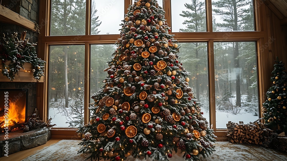 A Christmas tree covered in natural decorations such as cranberries, dried orange slices, and pinecone ornaments, A Christmas tree covered in natural decorations such as cranberries, dried orange slices, and pinecone ornaments,