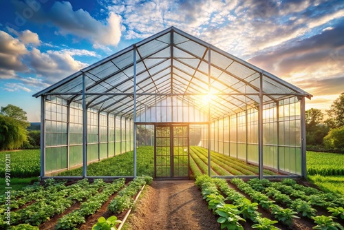 Eye level view of a modern greenhouse with sustainable agriculture practices