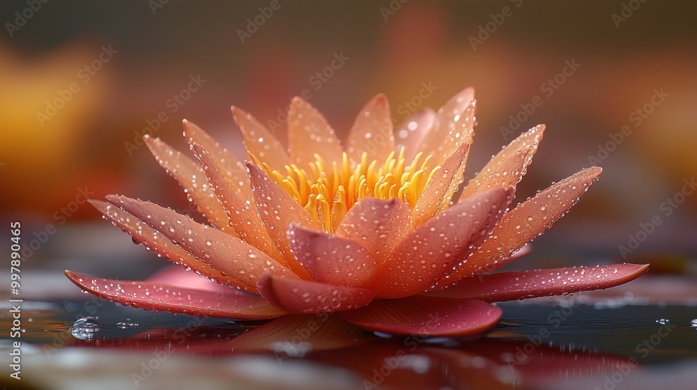 A vibrant water lily with droplets on its petals, symbolizing beauty. A vibrant water lily with droplets on its petals, symbolizing beauty.