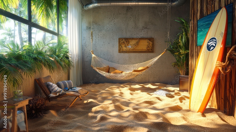 Home office with a beach theme, featuring a sand-filled floor, a ...