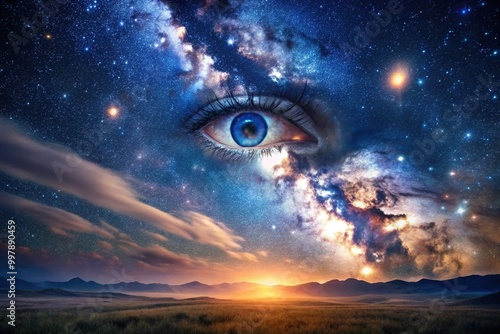 Eye level view of a surreal night sky with celestial landscapes and captivating waterfalls