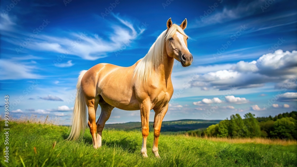 Beautiful Palomino Quarter Horse Standing Gracefully in a Lush Green Pasture Under a Clear Sky Beautiful Palomino Quarter Horse Standing Gracefully in a Lush Green Pasture Under a Clear Sky