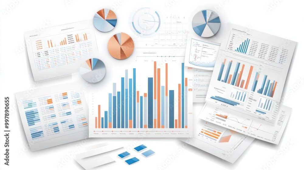 A clean business data analysis vector showing bar graphs and line charts on a white background, illustrating key performance metrics. A clean business data analysis vector showing bar graphs and line charts on a white background, illustrating key performance metrics.