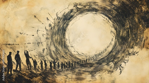 A hand-drawn circular timeline illustrating historical empires rising and falling, symbolizing cyclical events, with arrows flowing in a continuous circle. Sketch, Monochromatic, Vintage photo