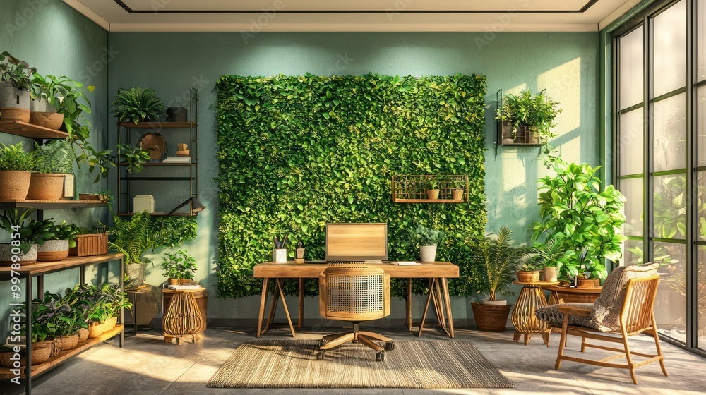 Home office with a botanical theme, including a variety of potted plants, a green wall, and furniture made of natural materials Refreshing and lively Home office with a botanical theme, including a variety of potted plants, a green wall, and furniture made of natural materials Refreshing and lively