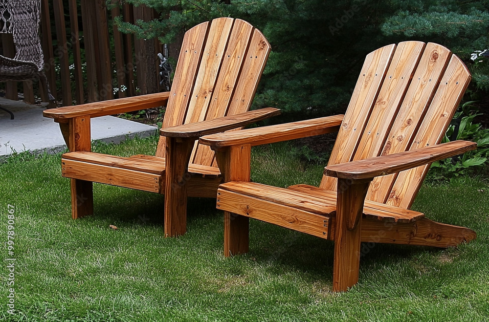Two wooden chairs sitting on top of green grass Two wooden chairs sitting on top of green grass