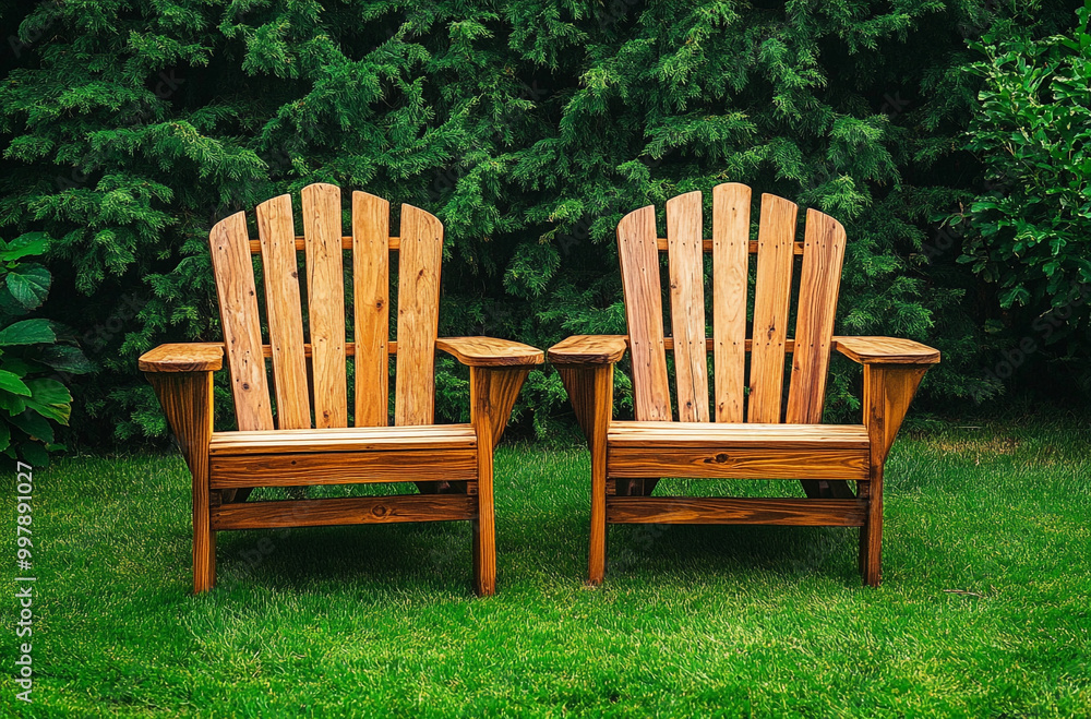 Two wooden chairs sitting on top of green grass Two wooden chairs sitting on top of green grass