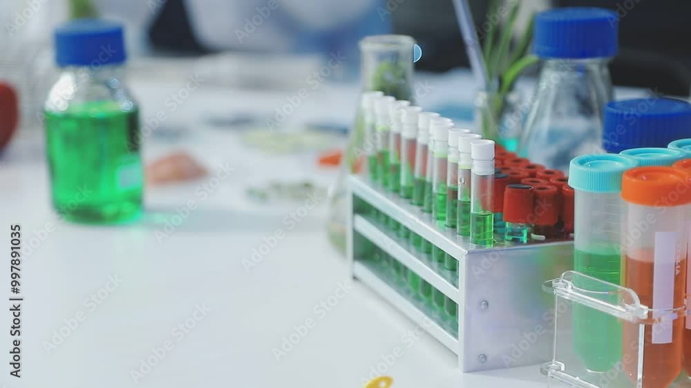 Scientist team asian man and woman testing and researching food, researchers testing vegetables inside laboratory using microscope, workers in white medical coats. Scientist team asian man and woman testing and researching food, researchers testing vegetables inside laboratory using microscope, workers in white medical coats.
