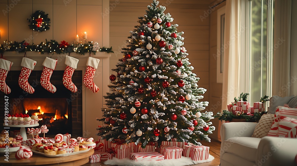 A Christmas tree decorated with red and white candy canes, peppermint baubles, and striped garlands, placed in a candy-themed living room with sweet treats on the table, A Christmas tree decorated with red and white candy canes, peppermint baubles, and striped garlands, placed in a candy-themed living room with sweet treats on the table,