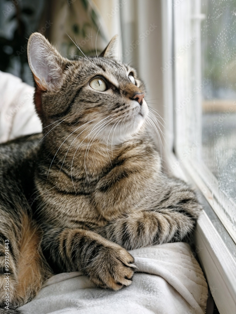 A cat is sitting on a window sill, looking out with a curious expression. The cat appears to be a tabby with a striped coat. A cat is sitting on a window sill, looking out with a curious expression. The cat appears to be a tabby with a striped coat.