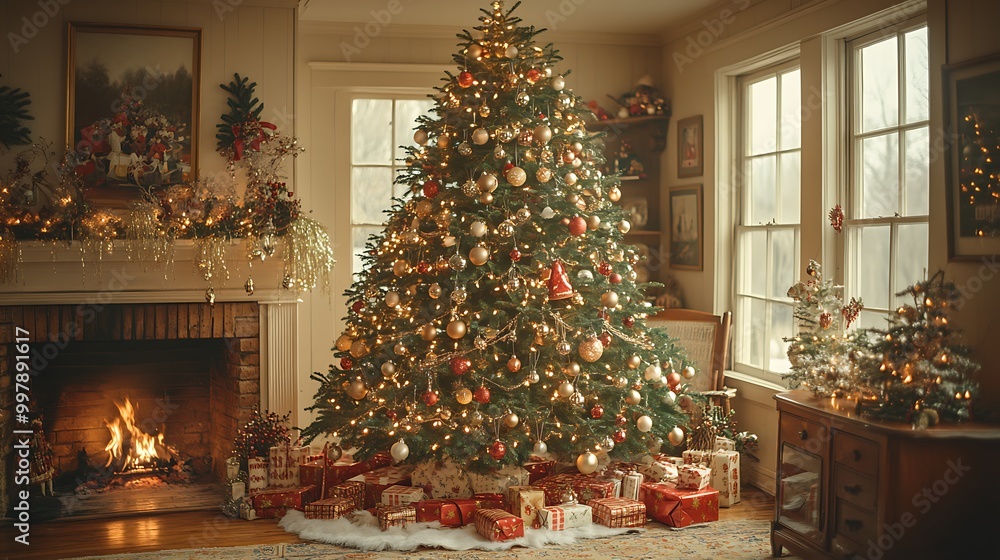 A Christmas tree from the 1950s adorned with shiny vintage ornaments, delicate tinsel, and classic string lights, placed in a mid-century living room with a roaring fireplace, A Christmas tree from the 1950s adorned with shiny vintage ornaments, delicate tinsel, and classic string lights, placed in a mid-century living room with a roaring fireplace,