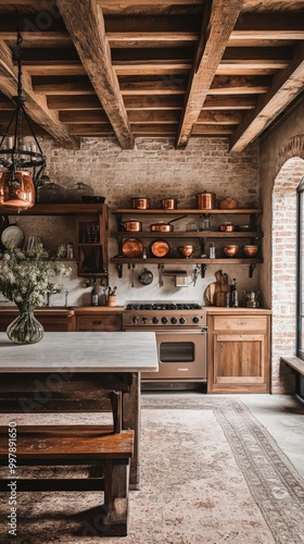 Wallpaper Mural A cozy rustic farmhouse kitchen with wooden beams, exposed brick walls, and a large central island. Torontodigital.ca