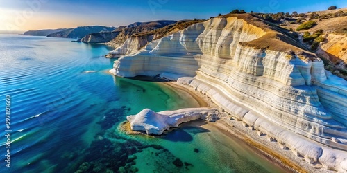 Breathtaking view of Scala dei Turchi's white limestone cliffs against a clear blue sky in Sicily photo