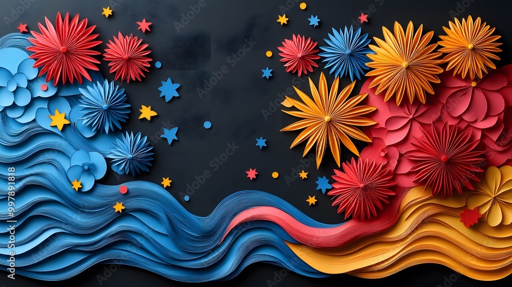 Papercut New Year greeting with fireworks and flowing abstract layers, colorful and festive Papercut New Year greeting with fireworks and flowing abstract layers, colorful and festive