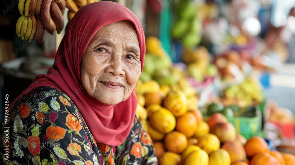 Smiling Woman in a Fruit Market Smiling Woman in a Fruit Market