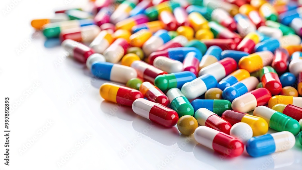 Eye level view of multicolored pills scattered on white desk Eye level view of multicolored pills scattered on white desk
