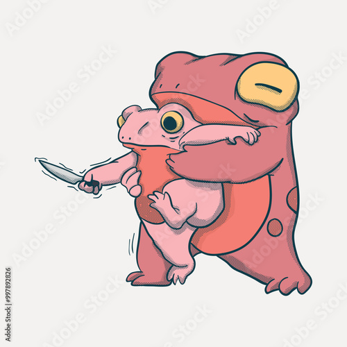 A quirky and humorous illustration of a frog holding a knife, suggesting a mix of humor and intrigue, perfect for quirky designs. photo