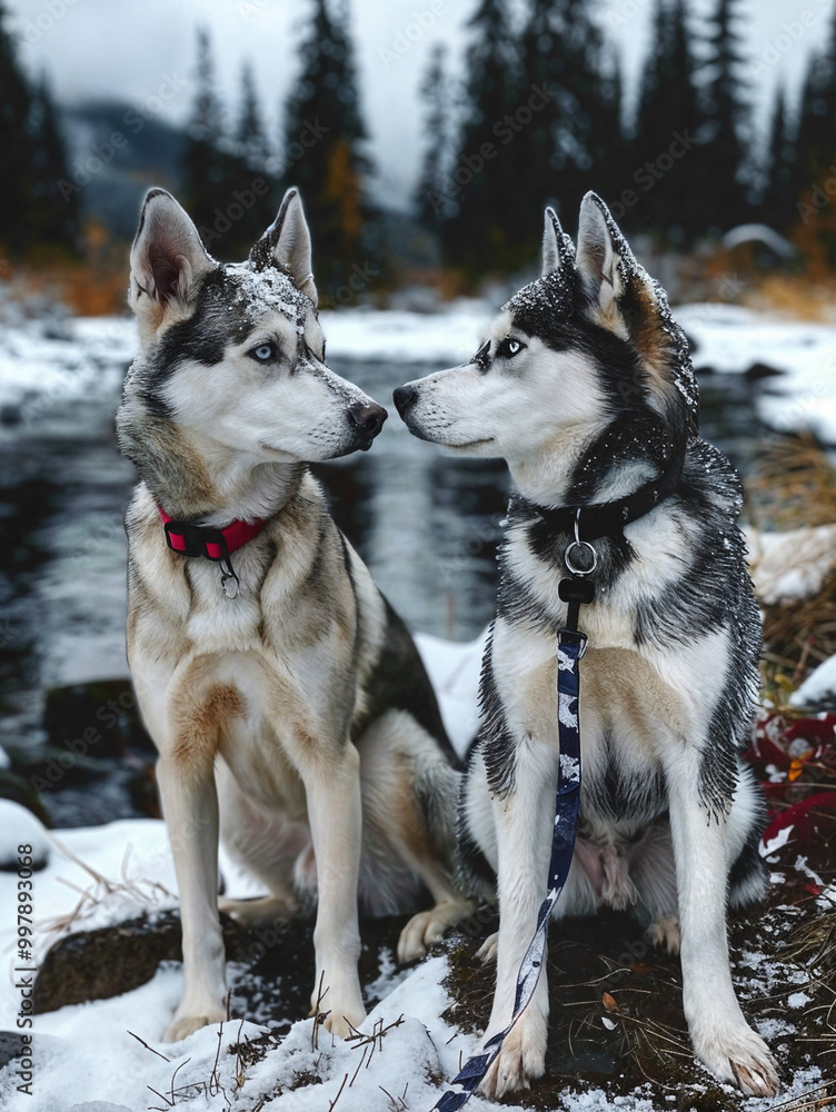 Two husky dogs sitting side by side on a river bank, their eyes locked in a moment of connection and companionship. Two husky dogs sitting side by side on a river bank, their eyes locked in a moment of connection and companionship.