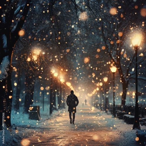 A lone figure walks down a snowy path lit by streetlights, creating a magical winter scene.