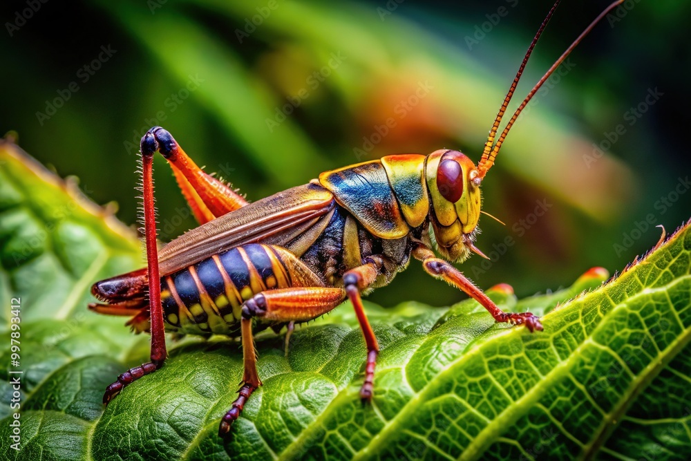 Close-up of a cricket insect on a leaf showcasing its intricate details and natural habitat environment Close-up of a cricket insect on a leaf showcasing its intricate details and natural habitat environment