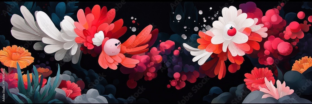 Abstract Floral Design with Pink and Red Flowers on Black Background Abstract Floral Design with Pink and Red Flowers on Black Background